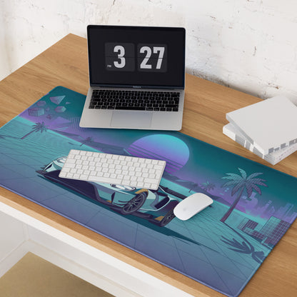 Ford GT Inspired White Teal Vaporwave Gaming Mouse Pad – Neon Retro Grid Sunset Desk Mat, Synthwave Supercar Digital Artwork, Futuristic Palm Tree Decor