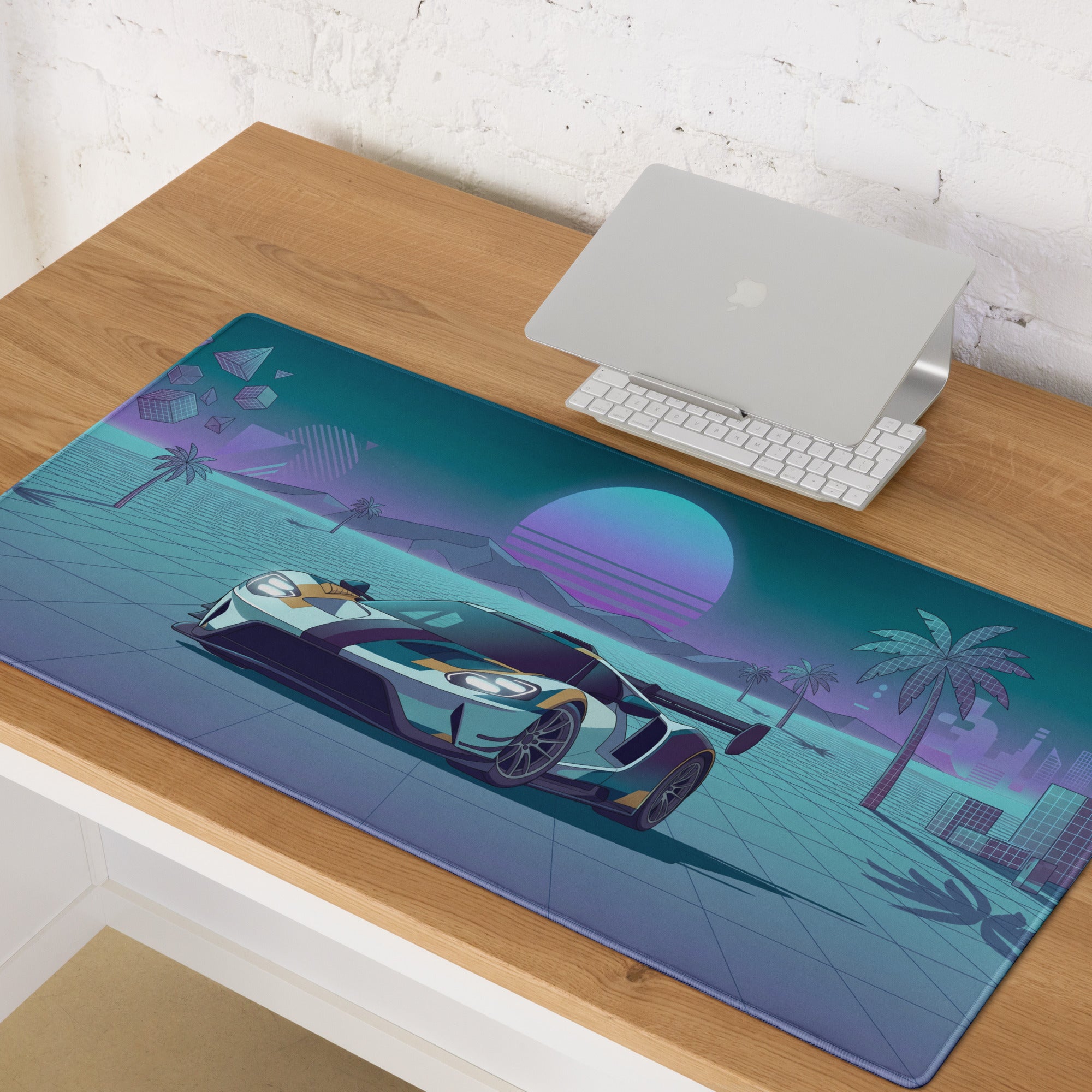 Ford GT Inspired White Teal Vaporwave Gaming Mouse Pad – Neon Retro Grid Sunset Desk Mat, Synthwave Supercar Digital Artwork, Futuristic Palm Tree Decor