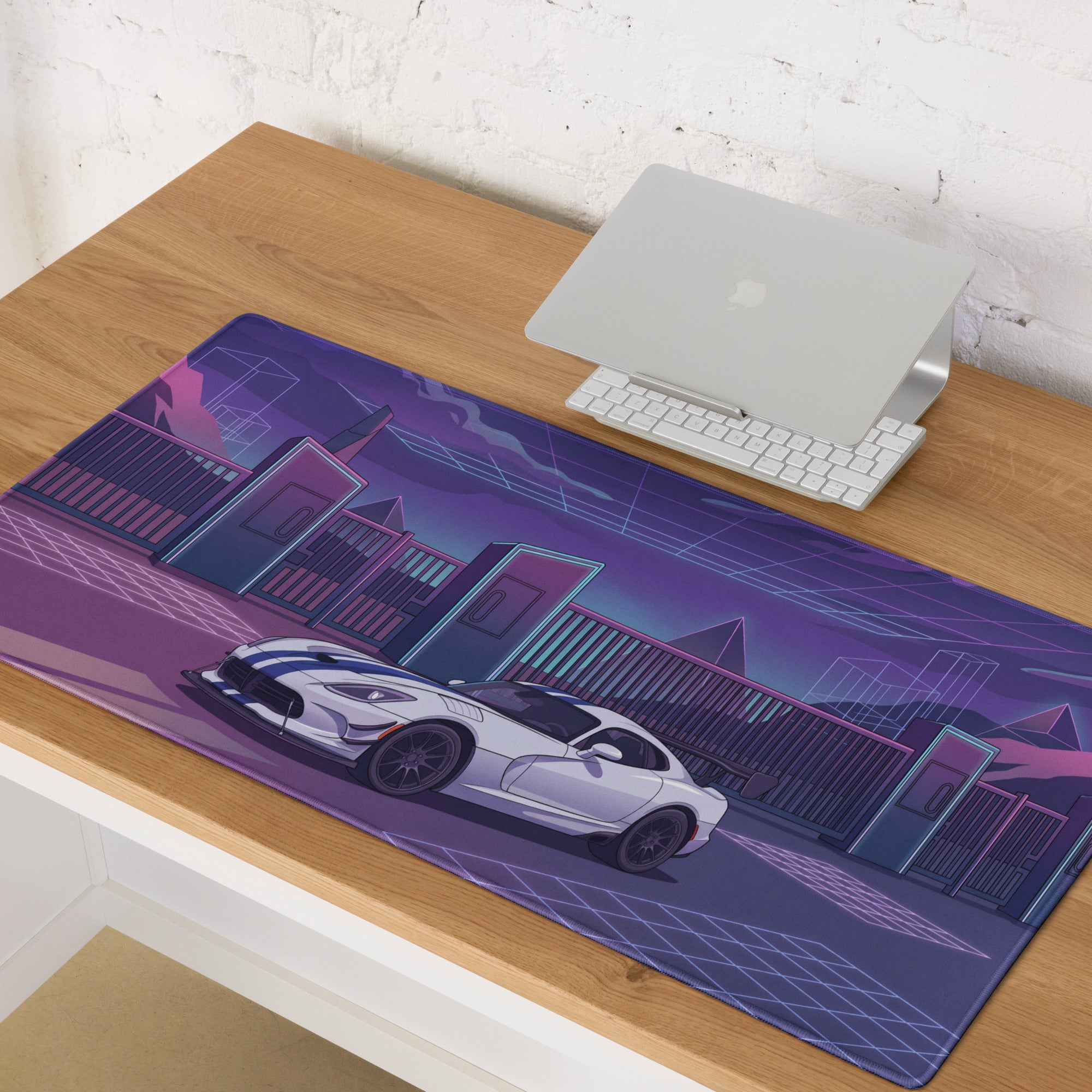 Dodge Viper ACR Inspired White Purple Vaporwave Gaming Mouse Pad – Neon Futuristic Raceway Desk Mat, Retro Synthwave Sports Car Digital Artwor