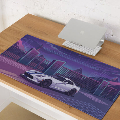 Dodge Viper ACR Inspired White Purple Vaporwave Gaming Mouse Pad – Neon Futuristic Raceway Desk Mat, Retro Synthwave Sports Car Digital Artwor