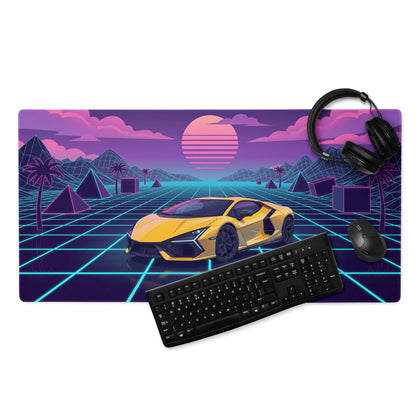 Lamborghini Revuelto Inspired Yellow Vaporwave Gaming Mouse Pad – Neon Grid Sunset Desk Mat, Retro Futuristic Synthwave Supercar Digital Art