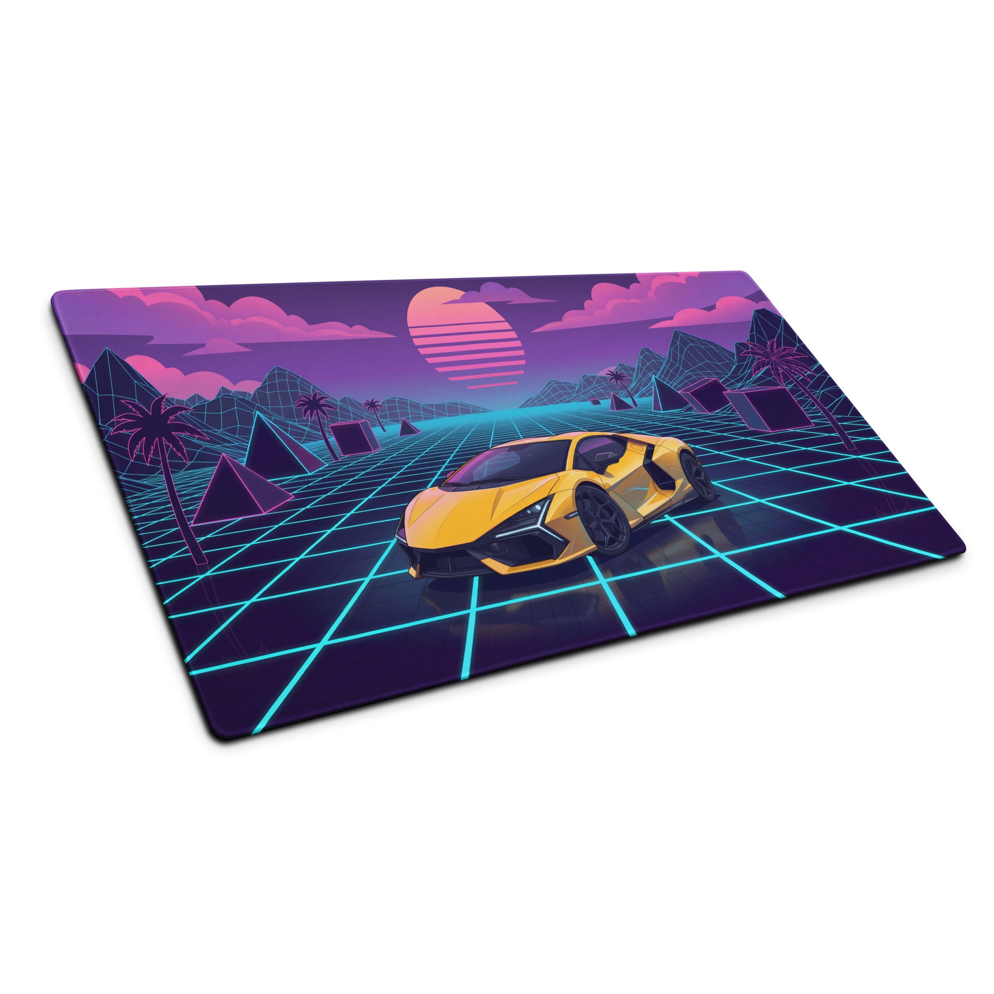 Lamborghini Revuelto Inspired Yellow Vaporwave Gaming Mouse Pad – Neon Grid Sunset Desk Mat, Retro Futuristic Synthwave Supercar Digital Art