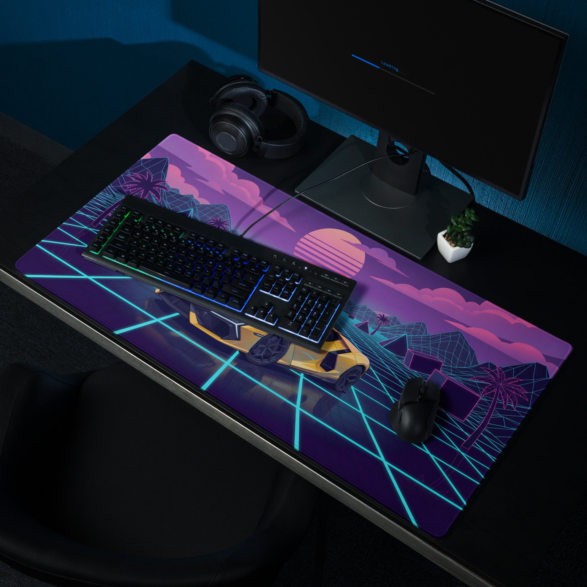 Lamborghini Revuelto Inspired Yellow Vaporwave Gaming Mouse Pad – Neon Grid Sunset Desk Mat, Retro Futuristic Synthwave Supercar Digital Art
