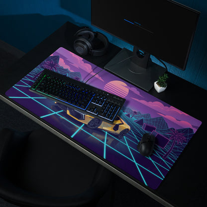 Lamborghini Revuelto Inspired Yellow Vaporwave Gaming Mouse Pad – Neon Grid Sunset Desk Mat, Retro Futuristic Synthwave Supercar Digital Art
