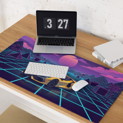 Lamborghini Revuelto Inspired Yellow Vaporwave Gaming Mouse Pad – Neon Grid Sunset Desk Mat, Retro Futuristic Synthwave Supercar Digital Art