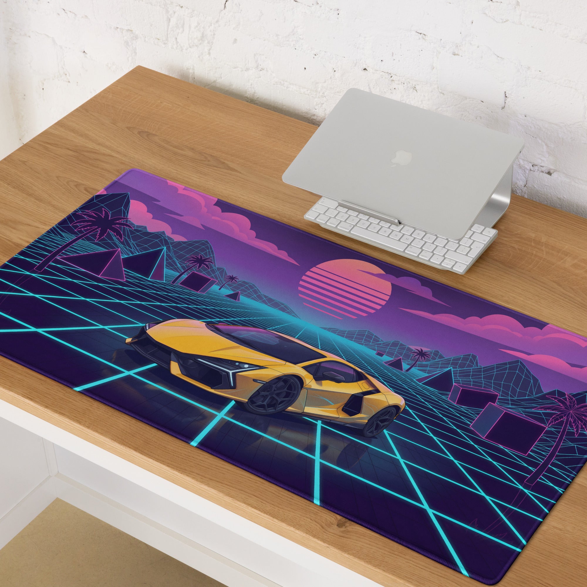 Lamborghini Revuelto Inspired Yellow Vaporwave Gaming Mouse Pad – Neon Grid Sunset Desk Mat, Retro Futuristic Synthwave Supercar Digital Art