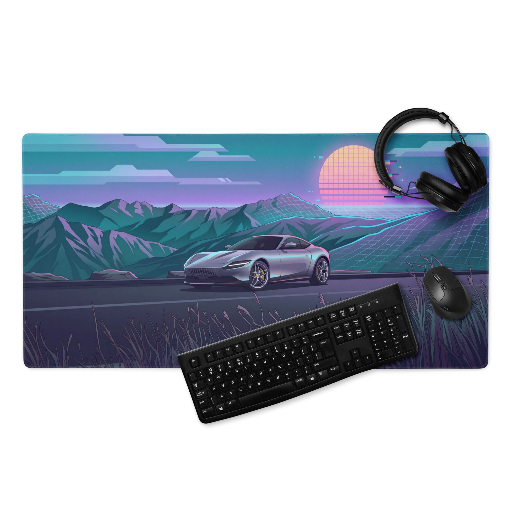 Ferrari Roma Inspired Silver Blue Vaporwave Gaming Mouse Pad – Neon Mountain Sunset Desk Mat, Retro Futuristic Synthwave Sports Car Digital Art