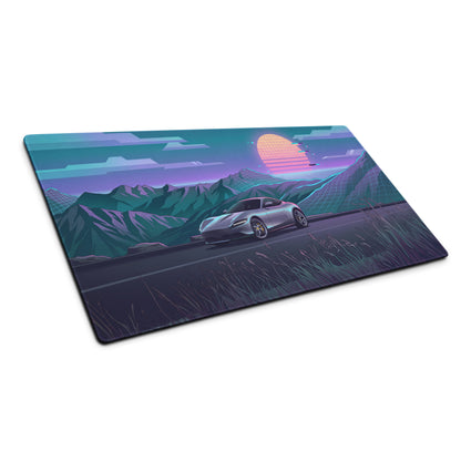 Ferrari Roma Inspired Silver Blue Vaporwave Gaming Mouse Pad – Neon Mountain Sunset Desk Mat, Retro Futuristic Synthwave Sports Car Digital Art