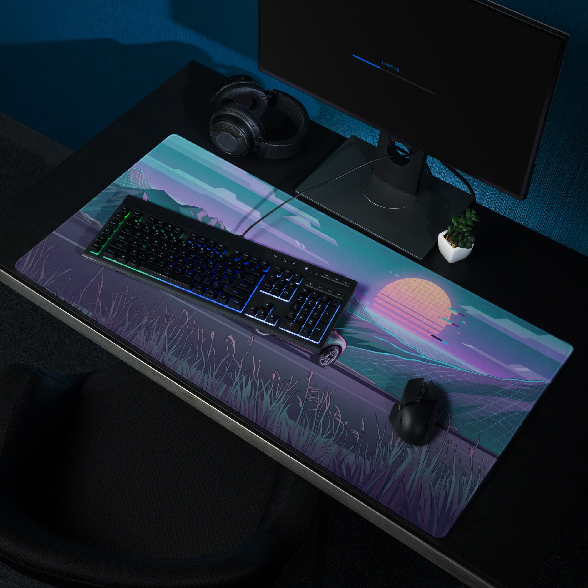 Ferrari Roma Inspired Silver Blue Vaporwave Gaming Mouse Pad – Neon Mountain Sunset Desk Mat, Retro Futuristic Synthwave Sports Car Digital Art