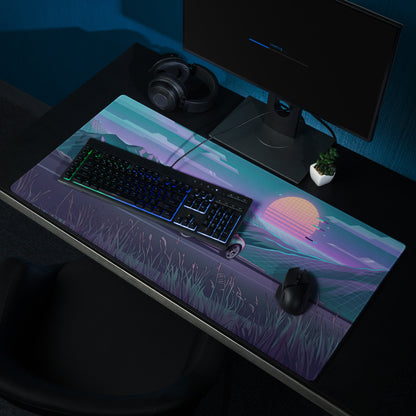 Ferrari Roma Inspired Silver Blue Vaporwave Gaming Mouse Pad – Neon Mountain Sunset Desk Mat, Retro Futuristic Synthwave Sports Car Digital Art