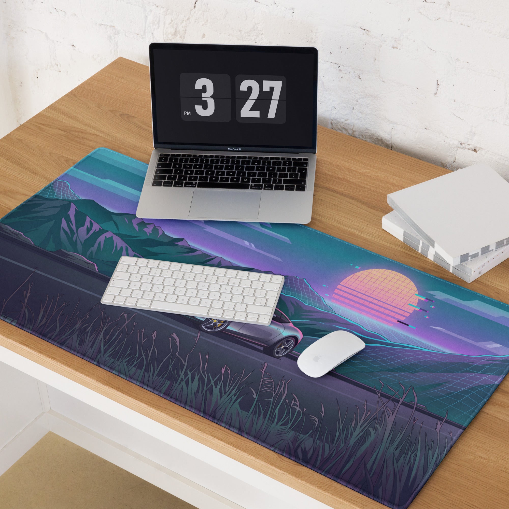 Ferrari Roma Inspired Silver Blue Vaporwave Gaming Mouse Pad – Neon Mountain Sunset Desk Mat, Retro Futuristic Synthwave Sports Car Digital Art