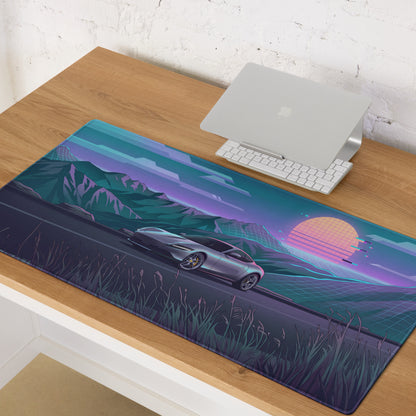 Ferrari Roma Inspired Silver Blue Vaporwave Gaming Mouse Pad – Neon Mountain Sunset Desk Mat, Retro Futuristic Synthwave Sports Car Digital Art