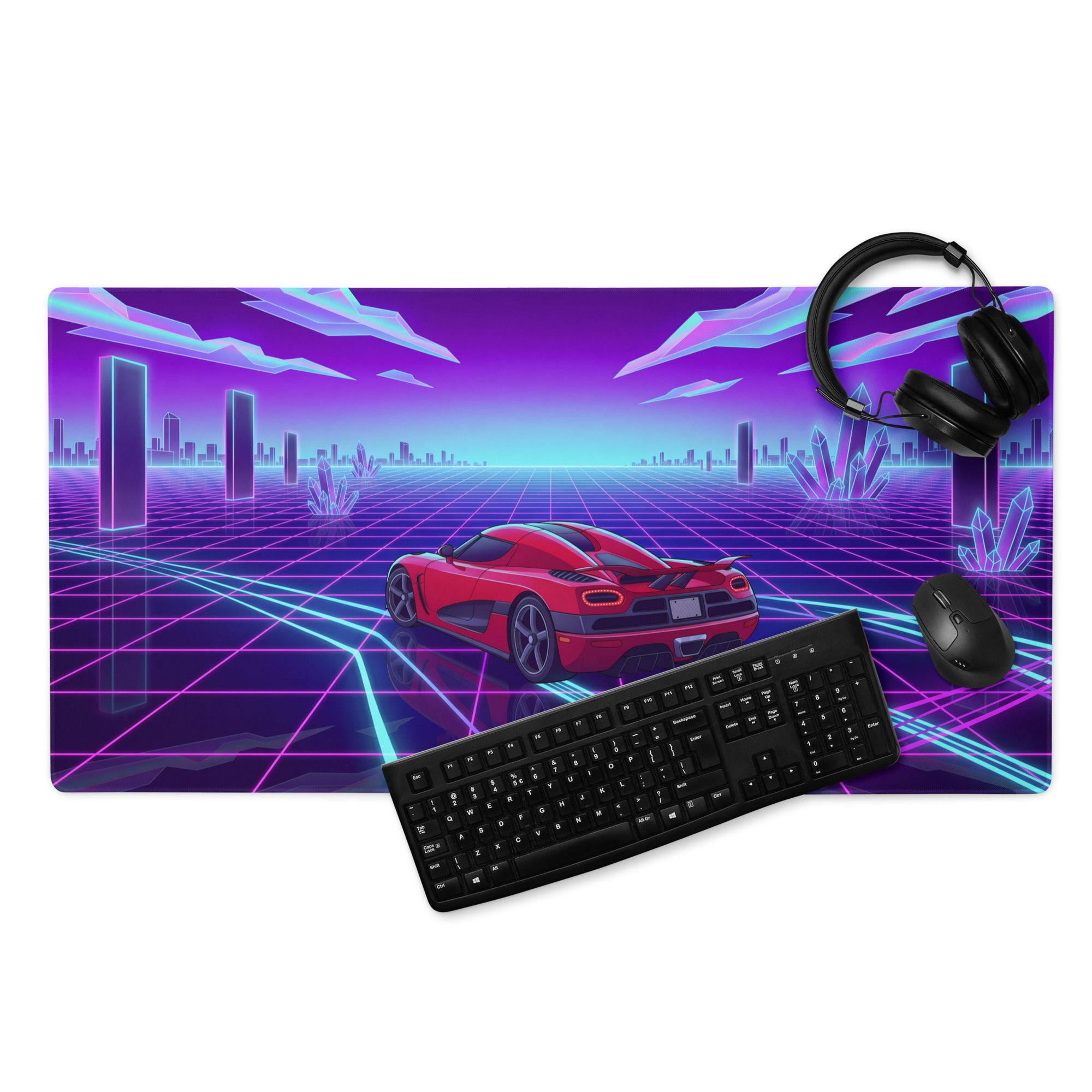 Koenigsegg Agera Inspired Red Vaporwave Gaming Mouse Pad – Neon Grid City Desk Mat, Retro Futuristic Synthwave Supercar Digital Artwork