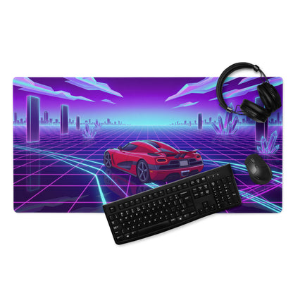 Koenigsegg Agera Inspired Red Vaporwave Gaming Mouse Pad – Neon Grid City Desk Mat, Retro Futuristic Synthwave Supercar Digital Artwork