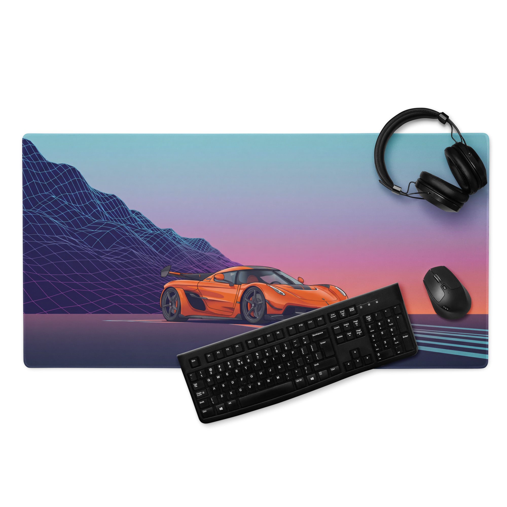 Koenigsegg Jesko Inspired Orange Vaporwave Gaming Mouse Pad – Neon Mountain Sunset Desk Mat, Retro Futuristic Hypercar Digital Artwork