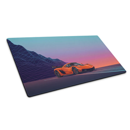 Koenigsegg Jesko Inspired Orange Vaporwave Gaming Mouse Pad – Neon Mountain Sunset Desk Mat, Retro Futuristic Hypercar Digital Artwork