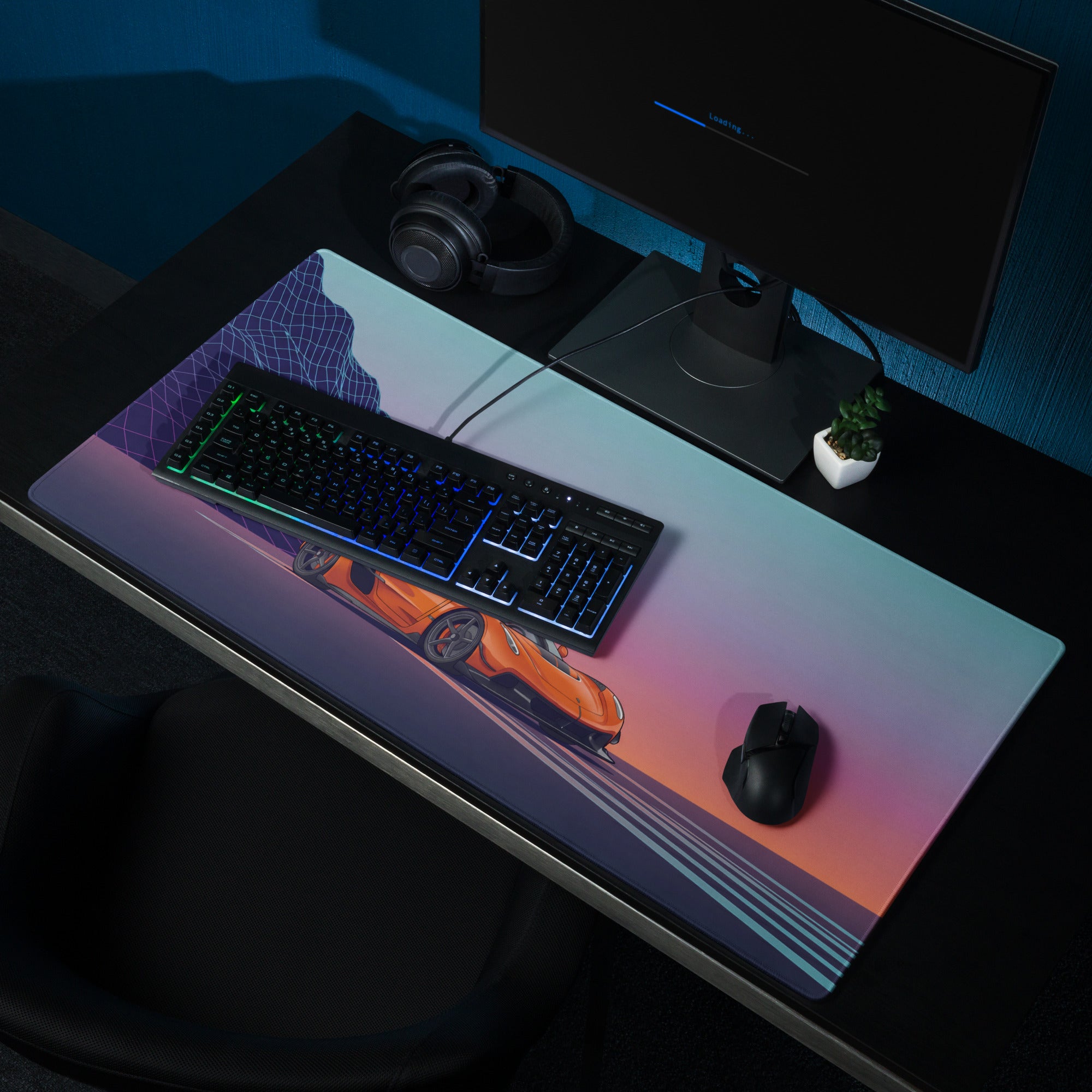 Koenigsegg Jesko Inspired Orange Vaporwave Gaming Mouse Pad – Neon Mountain Sunset Desk Mat, Retro Futuristic Hypercar Digital Artwork