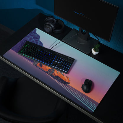 Koenigsegg Jesko Inspired Orange Vaporwave Gaming Mouse Pad – Neon Mountain Sunset Desk Mat, Retro Futuristic Hypercar Digital Artwork