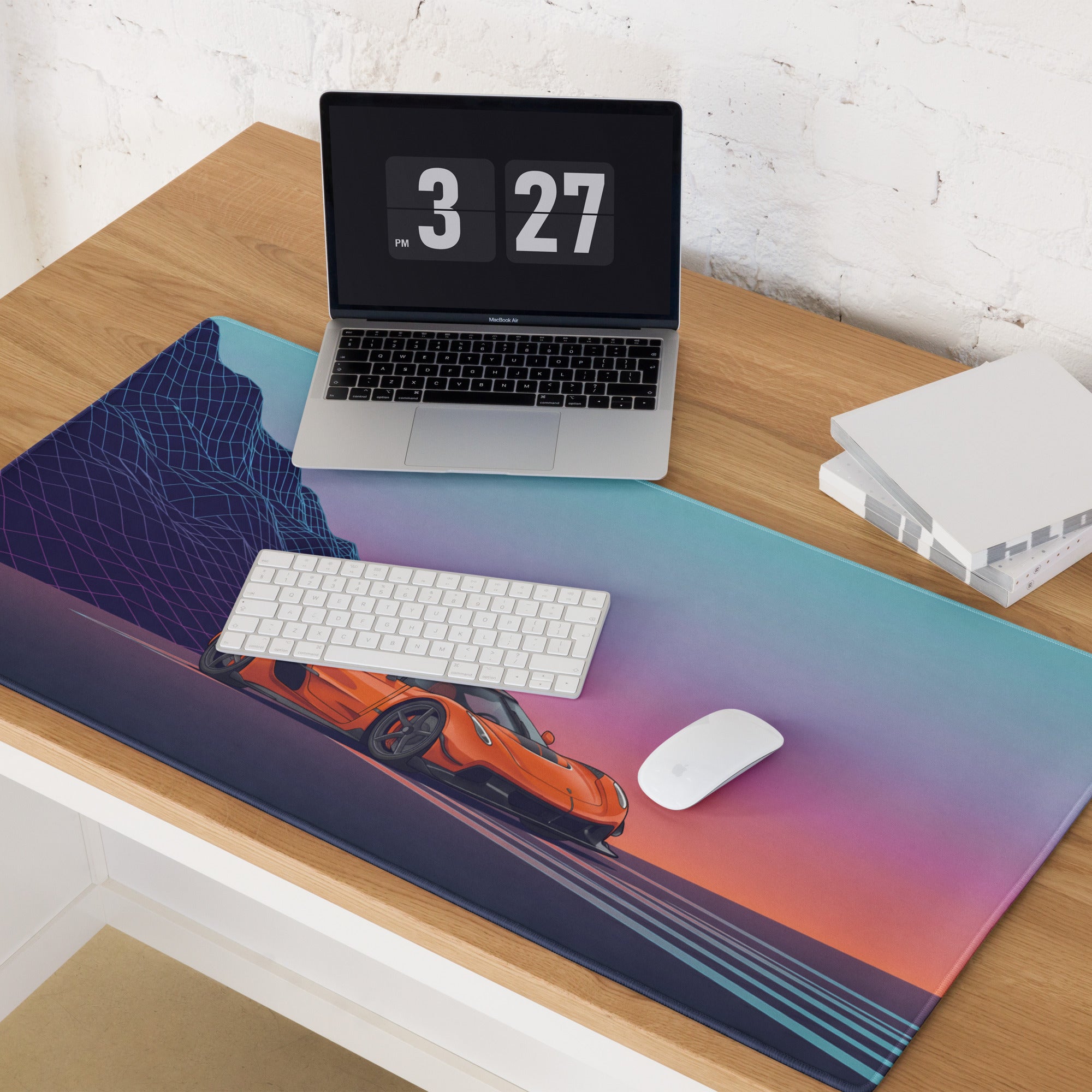 Koenigsegg Jesko Inspired Orange Vaporwave Gaming Mouse Pad – Neon Mountain Sunset Desk Mat, Retro Futuristic Hypercar Digital Artwork