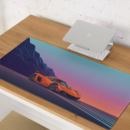 Koenigsegg Jesko Inspired Orange Vaporwave Gaming Mouse Pad – Neon Mountain Sunset Desk Mat, Retro Futuristic Hypercar Digital Artwork
