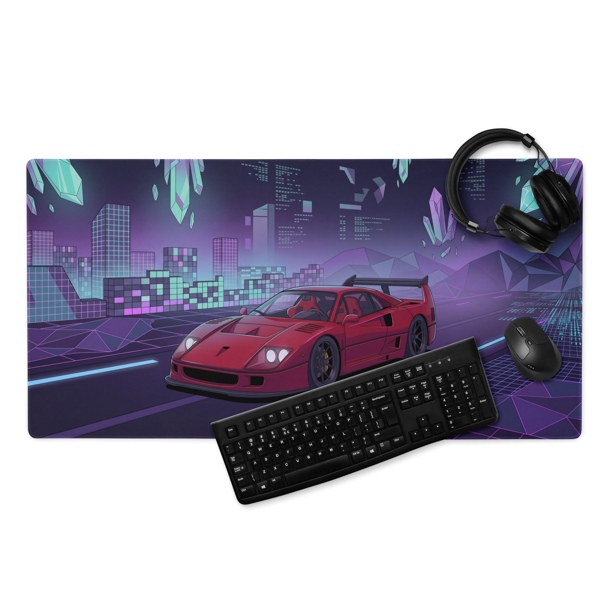 Ferrari F40 LM Inspired Red Purple Vaporwave Gaming Mouse Pad – Neon Cyber City Desk Mat, Retro Futuristic Synthwave Supercar Digital Artwork