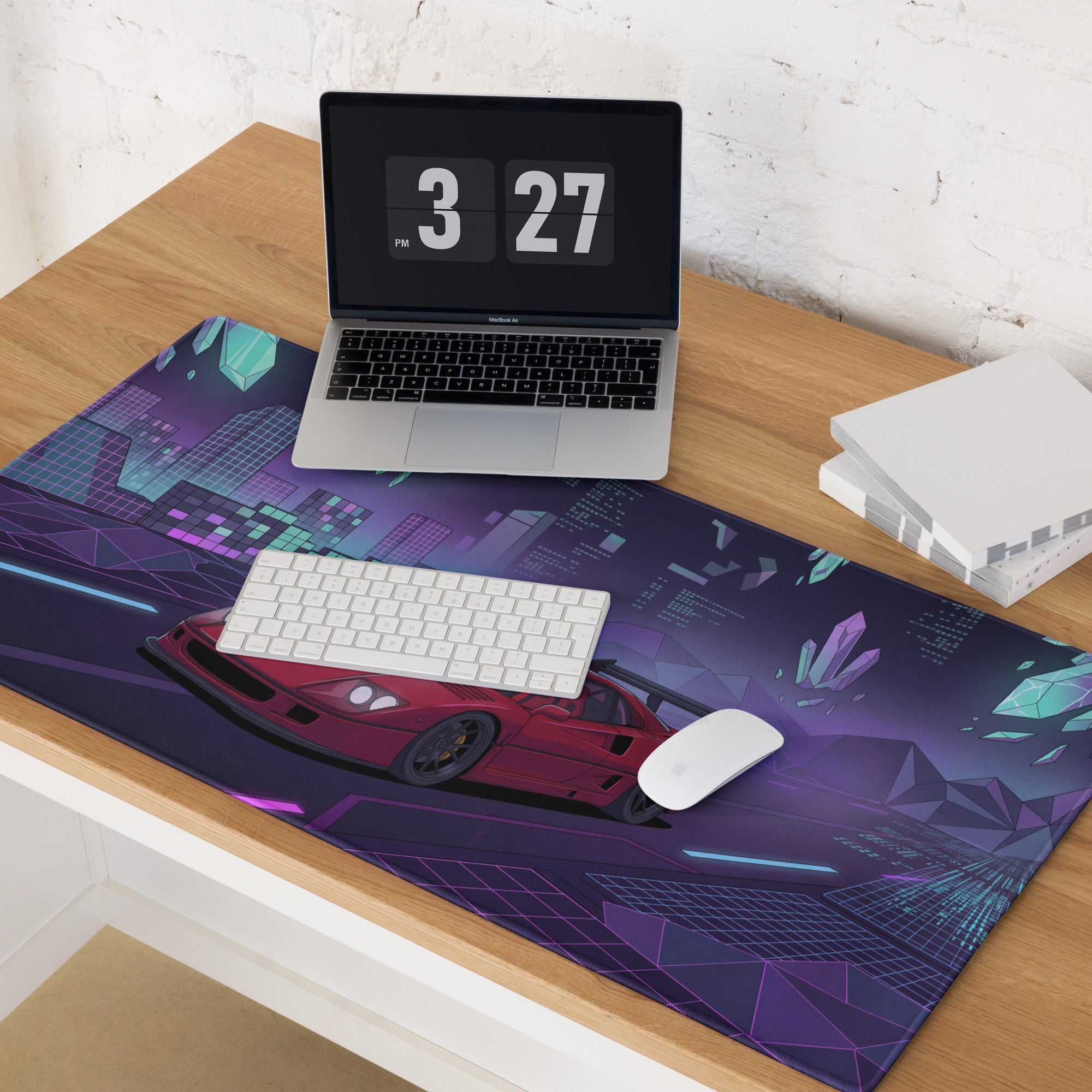 Ferrari F40 LM Inspired Red Purple Vaporwave Gaming Mouse Pad – Neon Cyber City Desk Mat, Retro Futuristic Synthwave Supercar Digital Artwork
