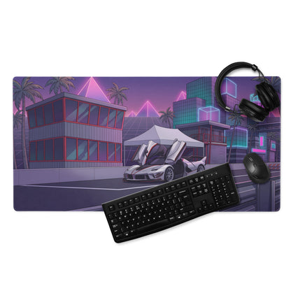 Ferrari FXX-K Evo Inspired White Purple Vaporwave Gaming Mouse Pad – Neon City Raceway Desk Mat, Futuristic Synthwave Hypercar Digital Artwork