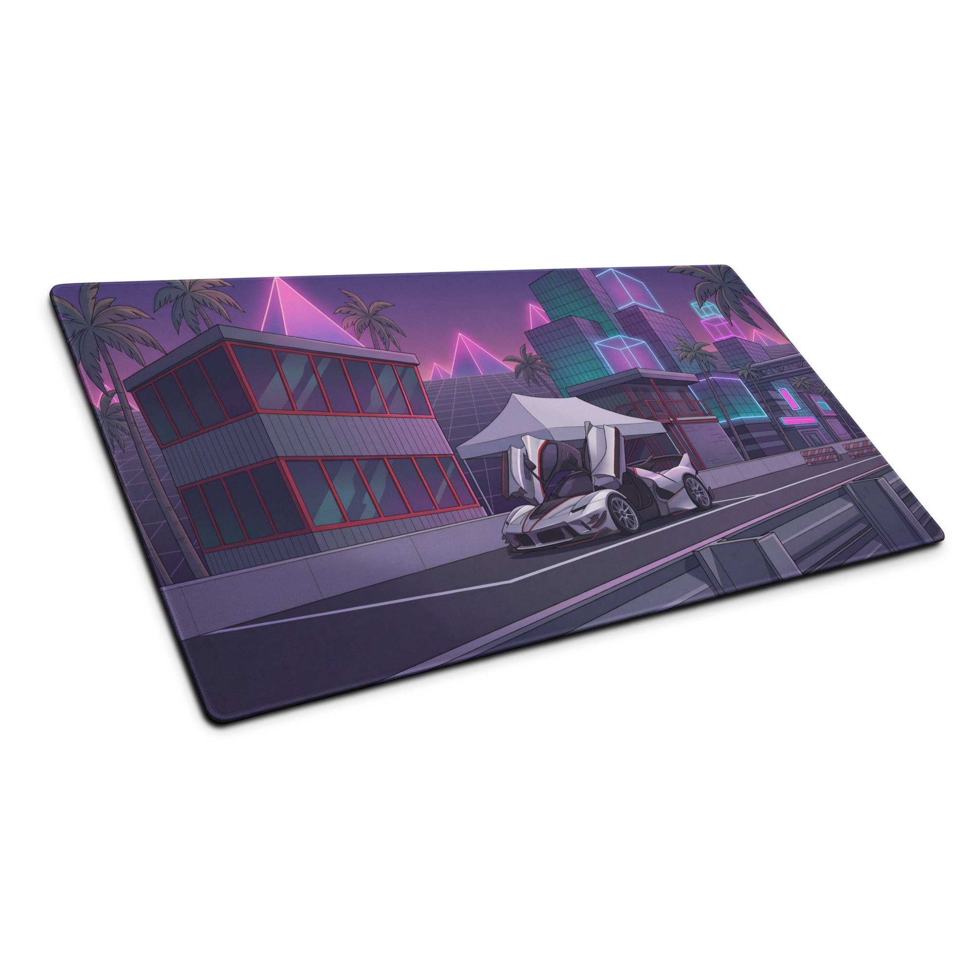 Ferrari FXX-K Evo Inspired White Purple Vaporwave Gaming Mouse Pad – Neon City Raceway Desk Mat, Futuristic Synthwave Hypercar Digital Artwork
