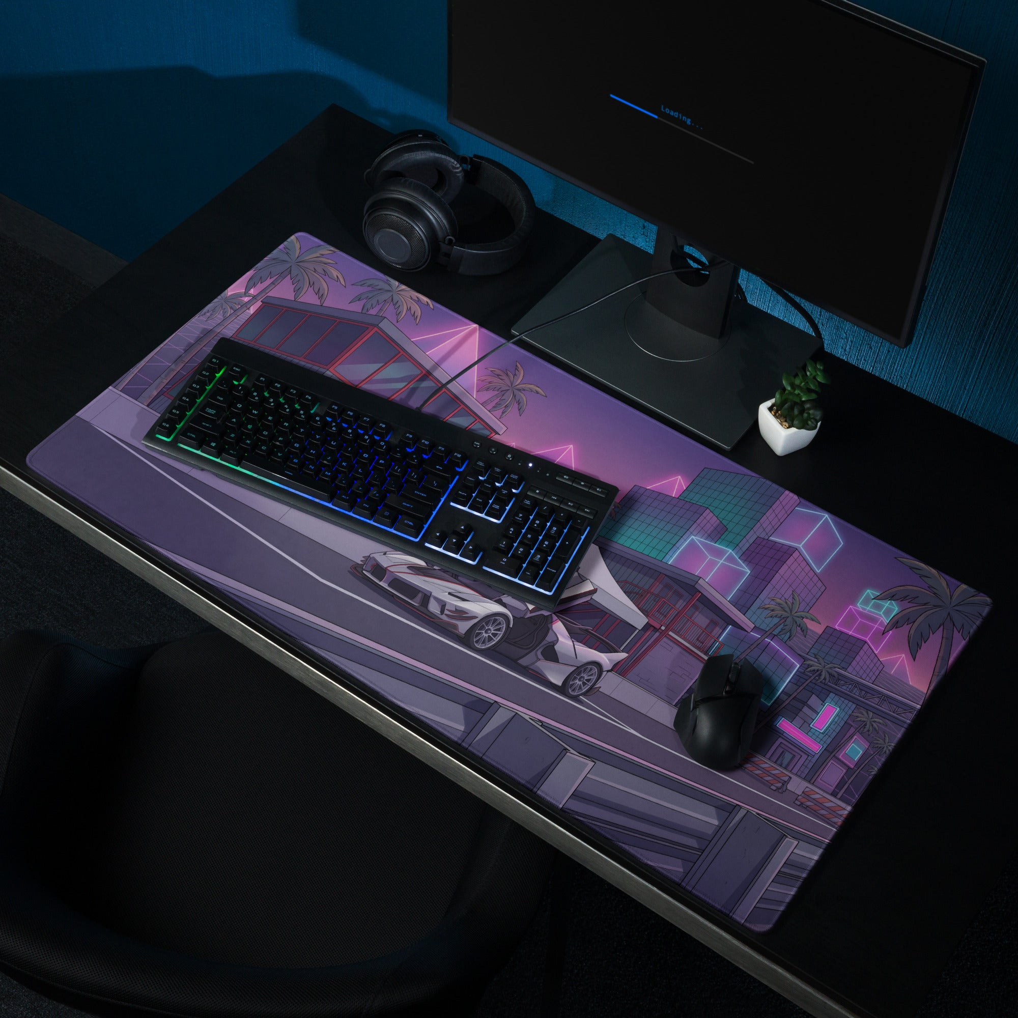 Ferrari FXX-K Evo Inspired White Purple Vaporwave Gaming Mouse Pad – Neon City Raceway Desk Mat, Futuristic Synthwave Hypercar Digital Artwork