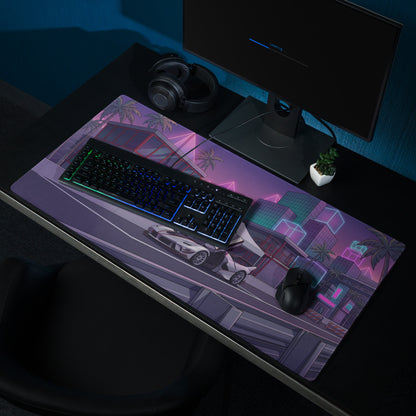 Ferrari FXX-K Evo Inspired White Purple Vaporwave Gaming Mouse Pad – Neon City Raceway Desk Mat, Futuristic Synthwave Hypercar Digital Artwork