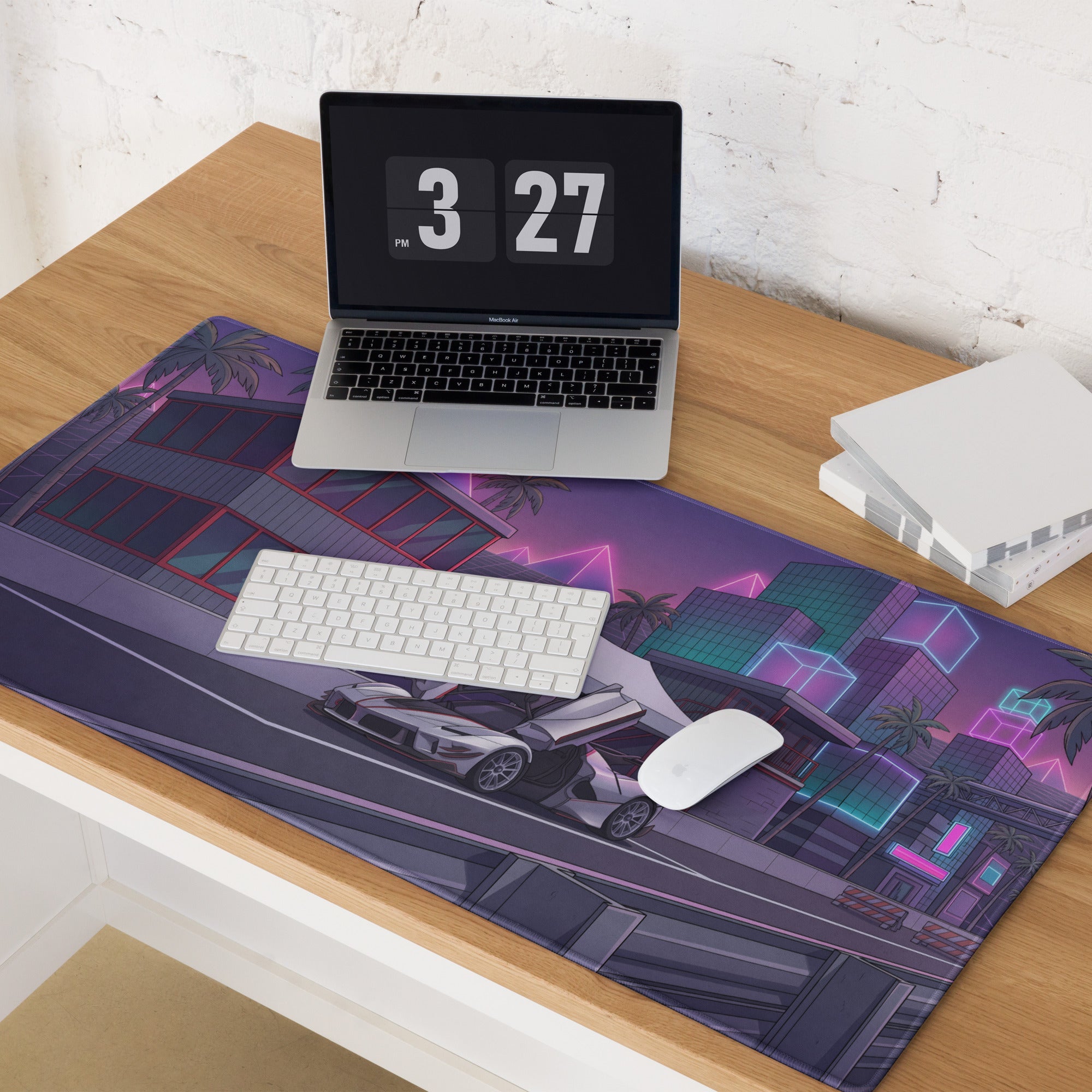 Ferrari FXX-K Evo Inspired White Purple Vaporwave Gaming Mouse Pad – Neon City Raceway Desk Mat, Futuristic Synthwave Hypercar Digital Artwork