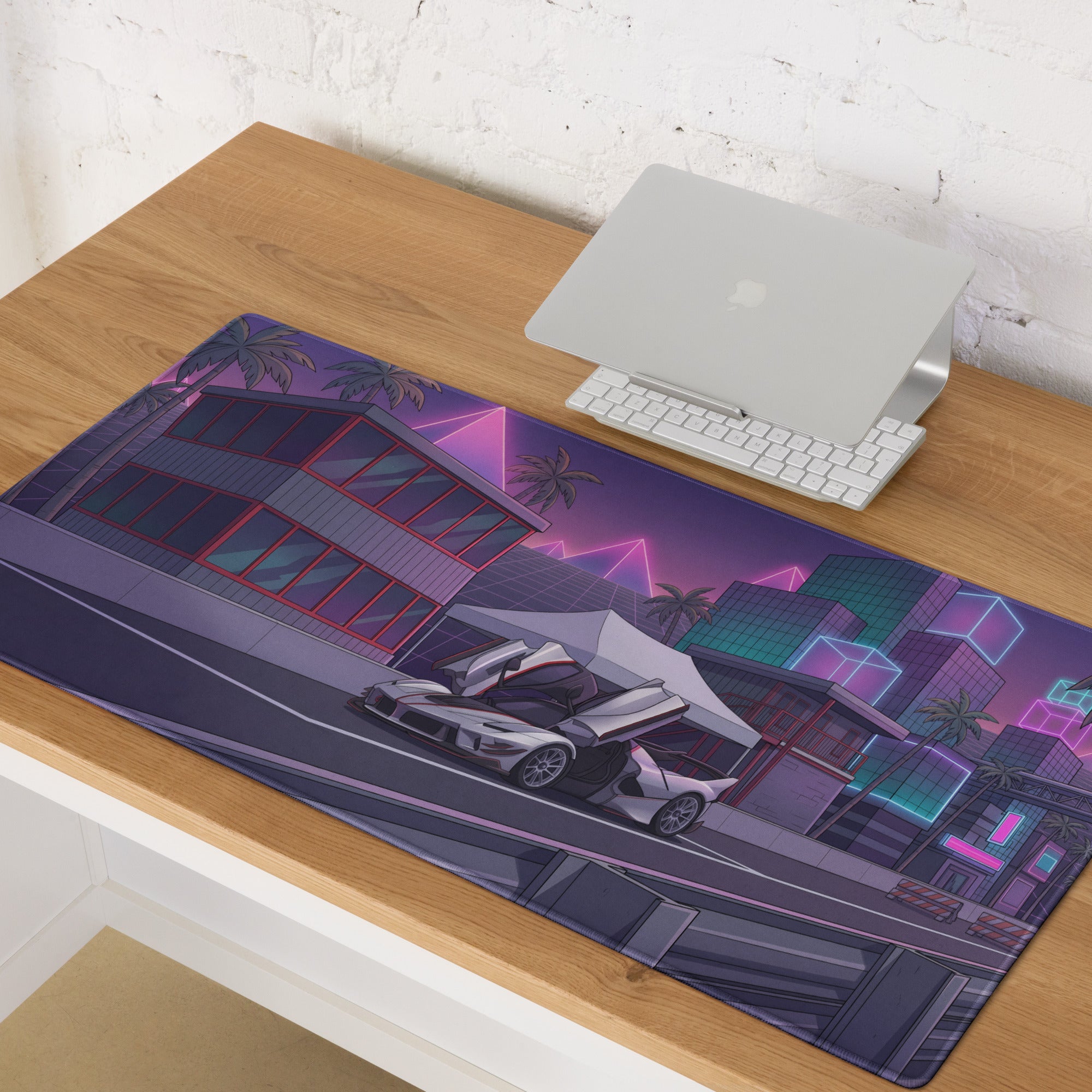 Ferrari FXX-K Evo Inspired White Purple Vaporwave Gaming Mouse Pad – Neon City Raceway Desk Mat, Futuristic Synthwave Hypercar Digital Artwork