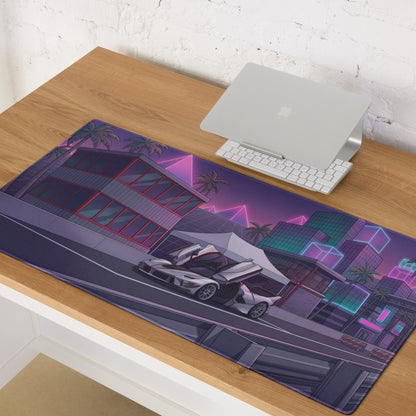 Ferrari FXX-K Evo Inspired White Purple Vaporwave Gaming Mouse Pad – Neon City Raceway Desk Mat, Futuristic Synthwave Hypercar Digital Artwork