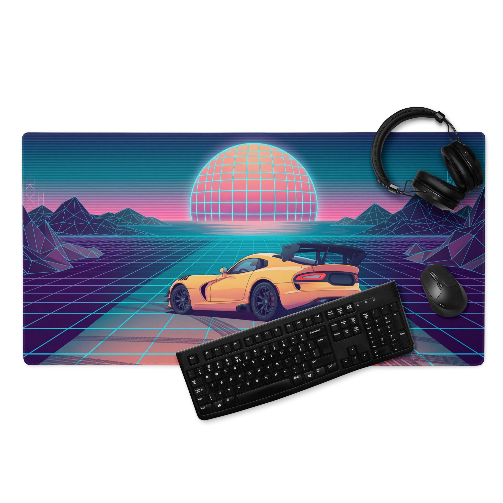 Dodge Viper ACR Inspired Orange Vaporwave Gaming Mouse Pad – Neon Grid Sunset Desk Mat, Retro Futuristic Synthwave Supercar Digital Artwork