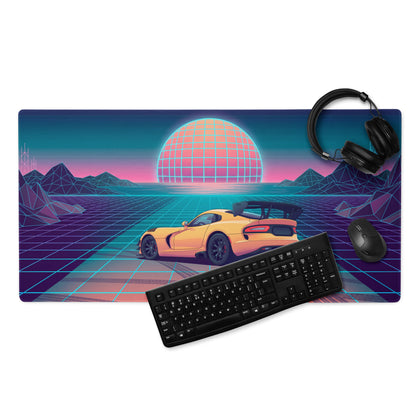 Dodge Viper ACR Inspired Orange Vaporwave Gaming Mouse Pad – Neon Grid Sunset Desk Mat, Retro Futuristic Synthwave Supercar Digital Artwork
