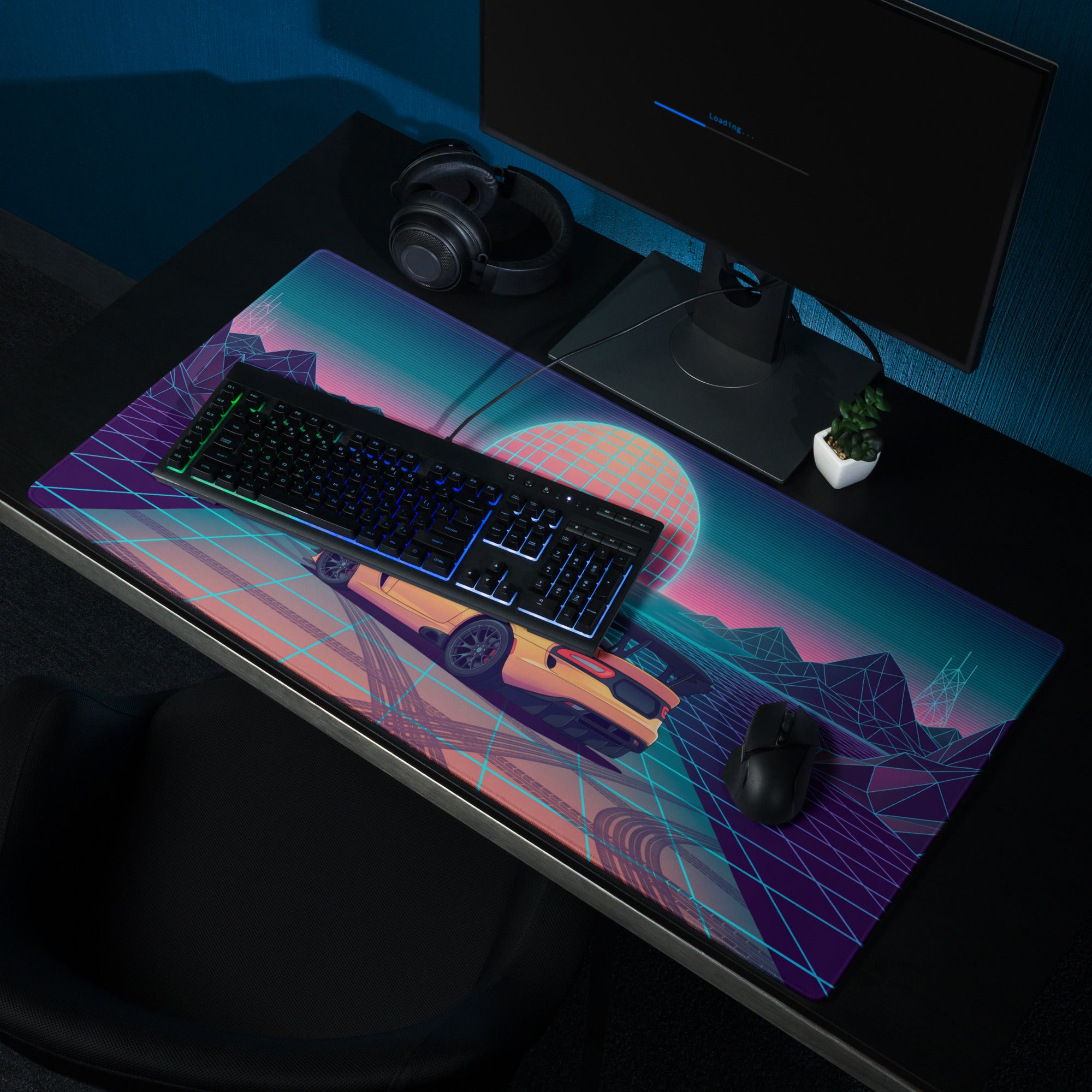 Dodge Viper ACR Inspired Orange Vaporwave Gaming Mouse Pad – Neon Grid Sunset Desk Mat, Retro Futuristic Synthwave Supercar Digital Artwork