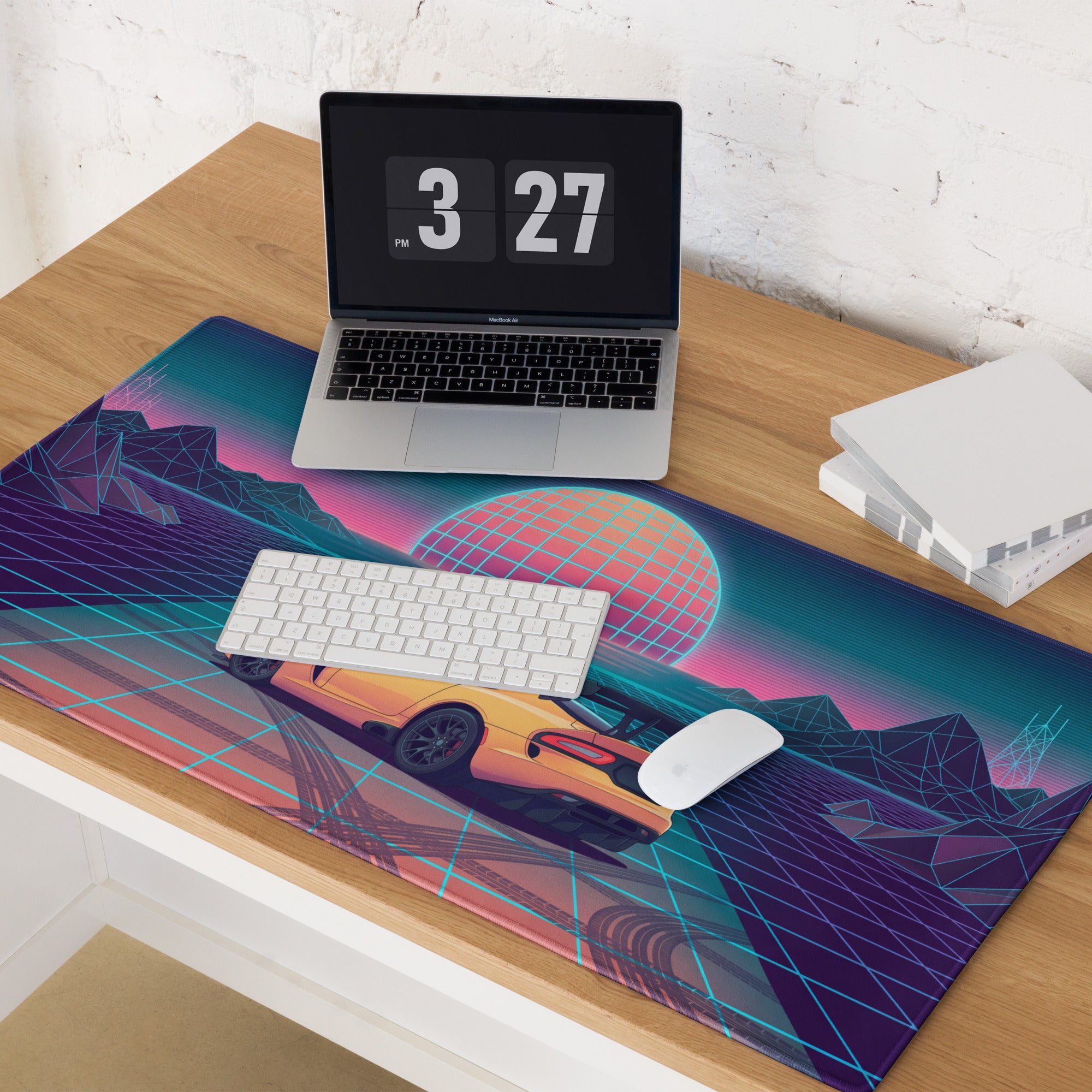 Dodge Viper ACR Inspired Orange Vaporwave Gaming Mouse Pad – Neon Grid Sunset Desk Mat, Retro Futuristic Synthwave Supercar Digital Artwork