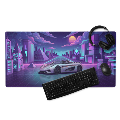 Koenigsegg Regera Inspired Silver Purple Vaporwave Gaming Mouse Pad – Neon Cyber City Desk Mat, Retro Futuristic Synthwave Hypercar Digital Artwork