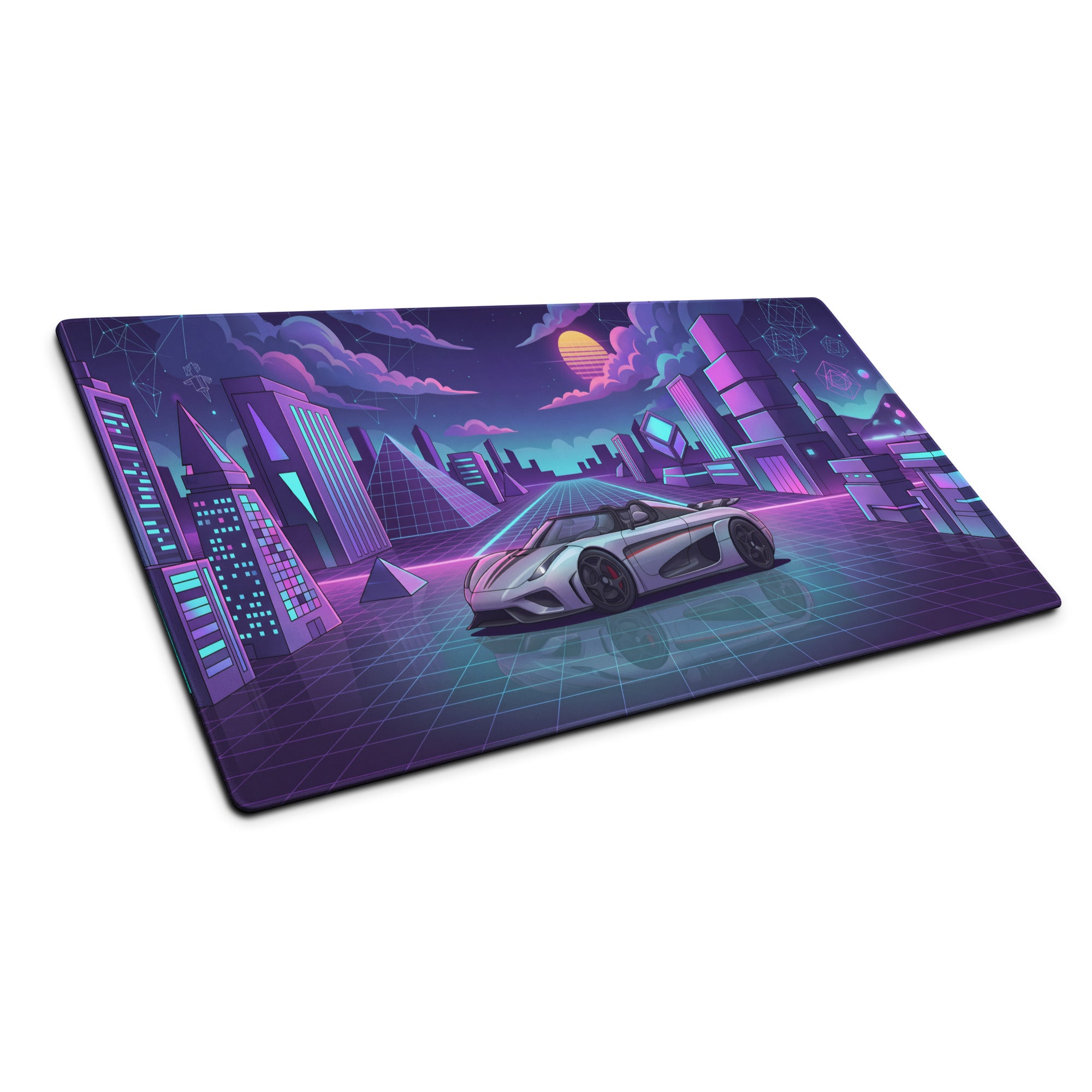 Koenigsegg Regera Inspired Silver Purple Vaporwave Gaming Mouse Pad – Neon Cyber City Desk Mat, Retro Futuristic Synthwave Hypercar Digital Artwork