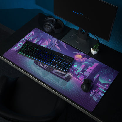Koenigsegg Regera Inspired Silver Purple Vaporwave Gaming Mouse Pad – Neon Cyber City Desk Mat, Retro Futuristic Synthwave Hypercar Digital Artwork