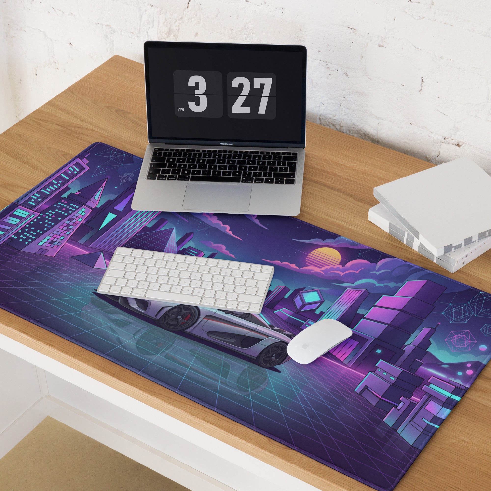 Koenigsegg Regera Inspired Silver Purple Vaporwave Gaming Mouse Pad – Neon Cyber City Desk Mat, Retro Futuristic Synthwave Hypercar Digital Artwork