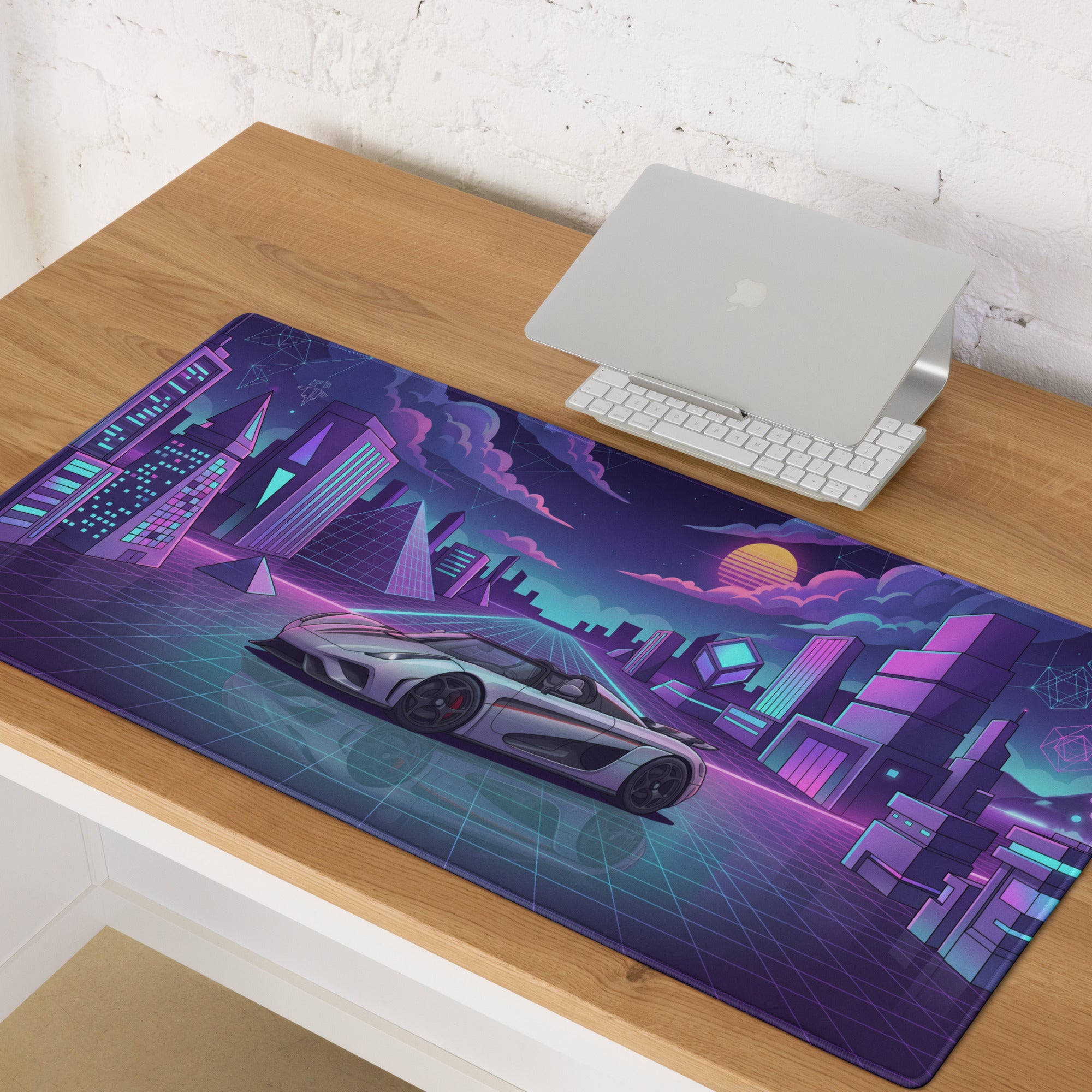 Koenigsegg Regera Inspired Silver Purple Vaporwave Gaming Mouse Pad – Neon Cyber City Desk Mat, Retro Futuristic Synthwave Hypercar Digital Artwork