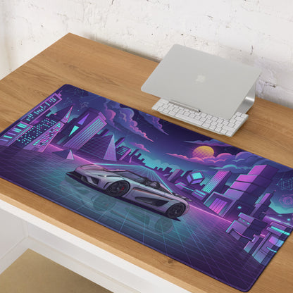 Koenigsegg Regera Inspired Silver Purple Vaporwave Gaming Mouse Pad – Neon Cyber City Desk Mat, Retro Futuristic Synthwave Hypercar Digital Artwork