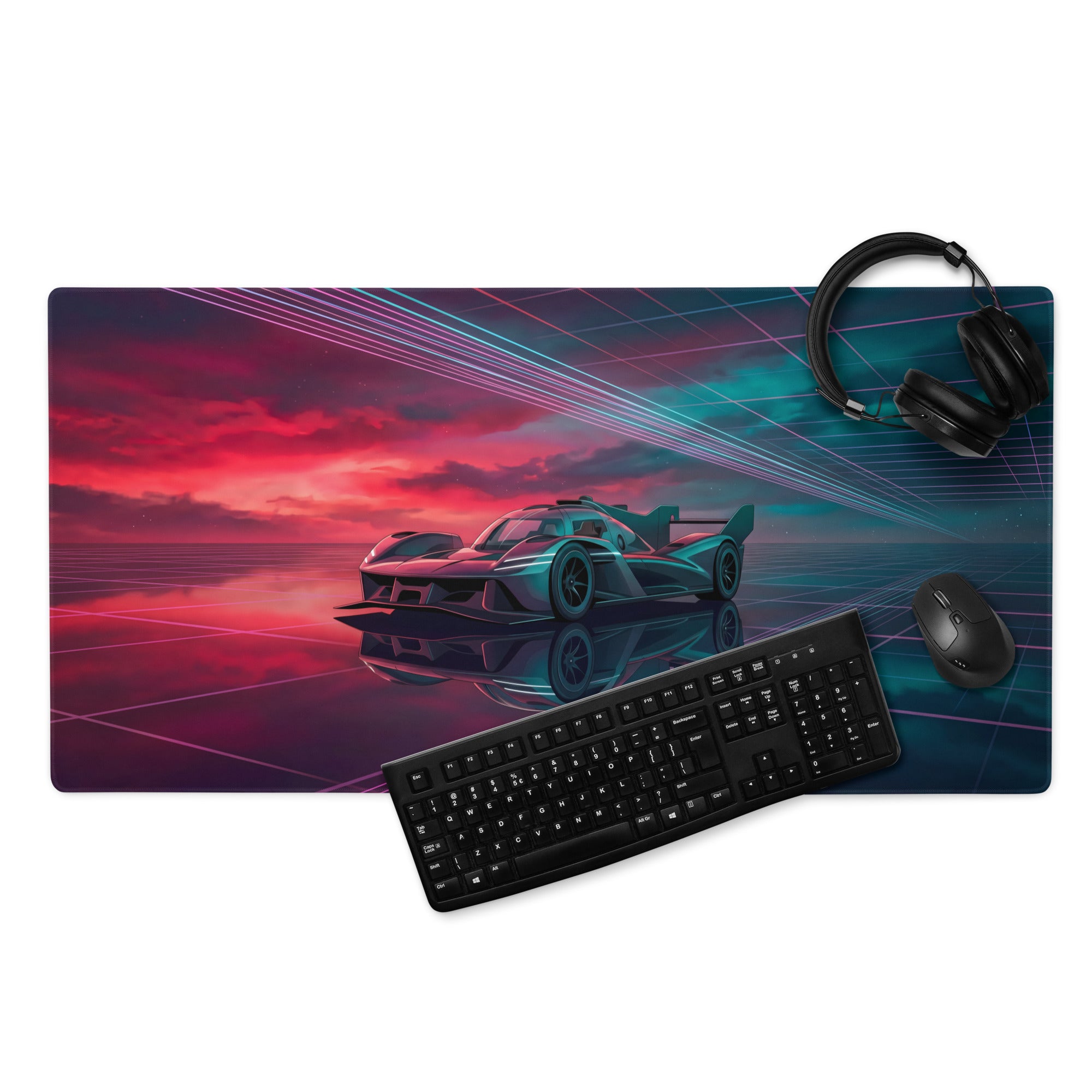 Genesis GMR-001 Inspired Teal Red Vaporwave Gaming Mouse Pad – Neon Grid Raceway Desk Mat, Futuristic Hypercar Digital Artwork