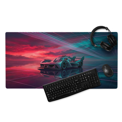 Genesis GMR-001 Inspired Teal Red Vaporwave Gaming Mouse Pad – Neon Grid Raceway Desk Mat, Futuristic Hypercar Digital Artwork