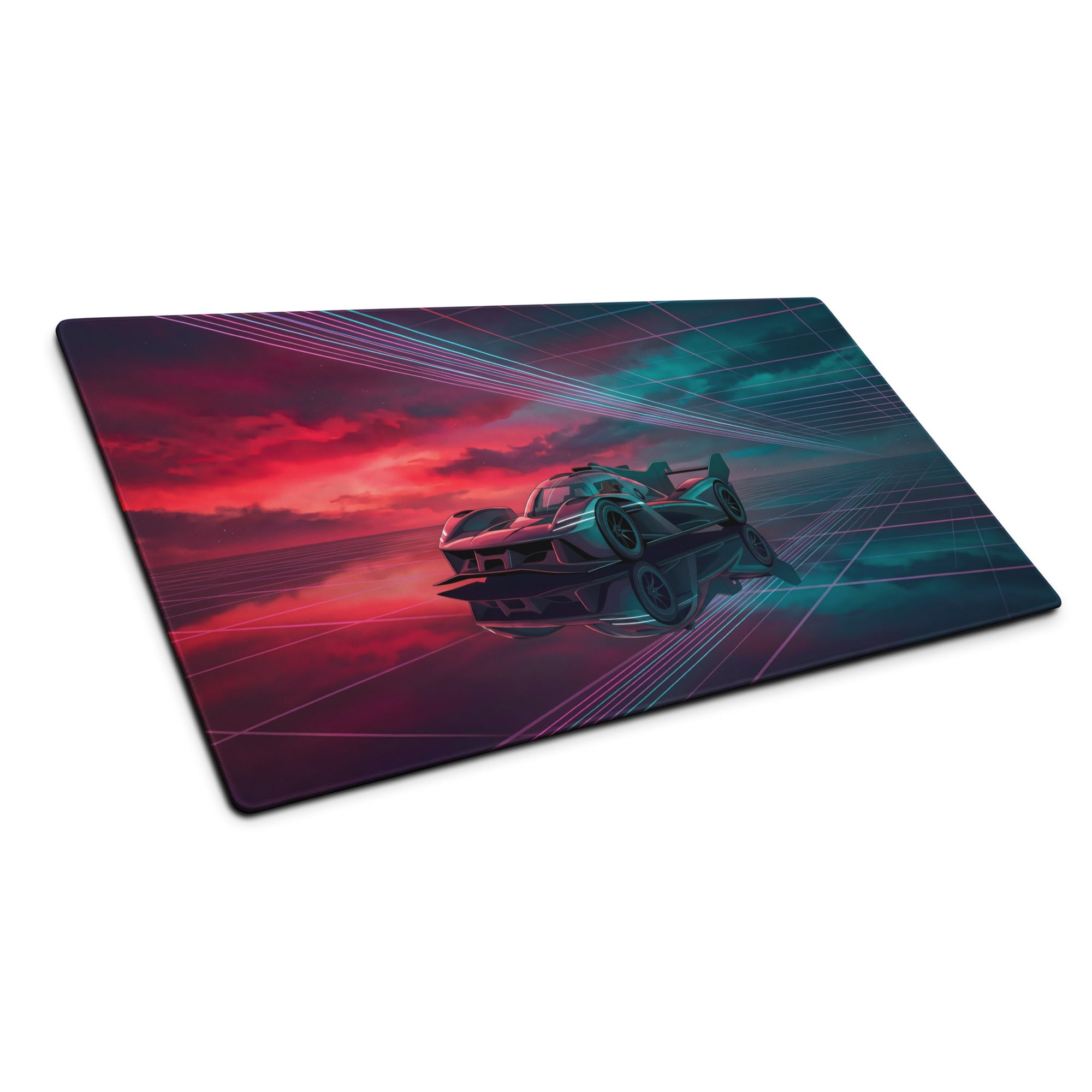 Genesis GMR-001 Inspired Teal Red Vaporwave Gaming Mouse Pad – Neon Grid Raceway Desk Mat, Futuristic Hypercar Digital Artwork