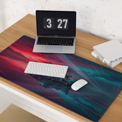 Genesis GMR-001 Inspired Teal Red Vaporwave Gaming Mouse Pad – Neon Grid Raceway Desk Mat, Futuristic Hypercar Digital Artwork