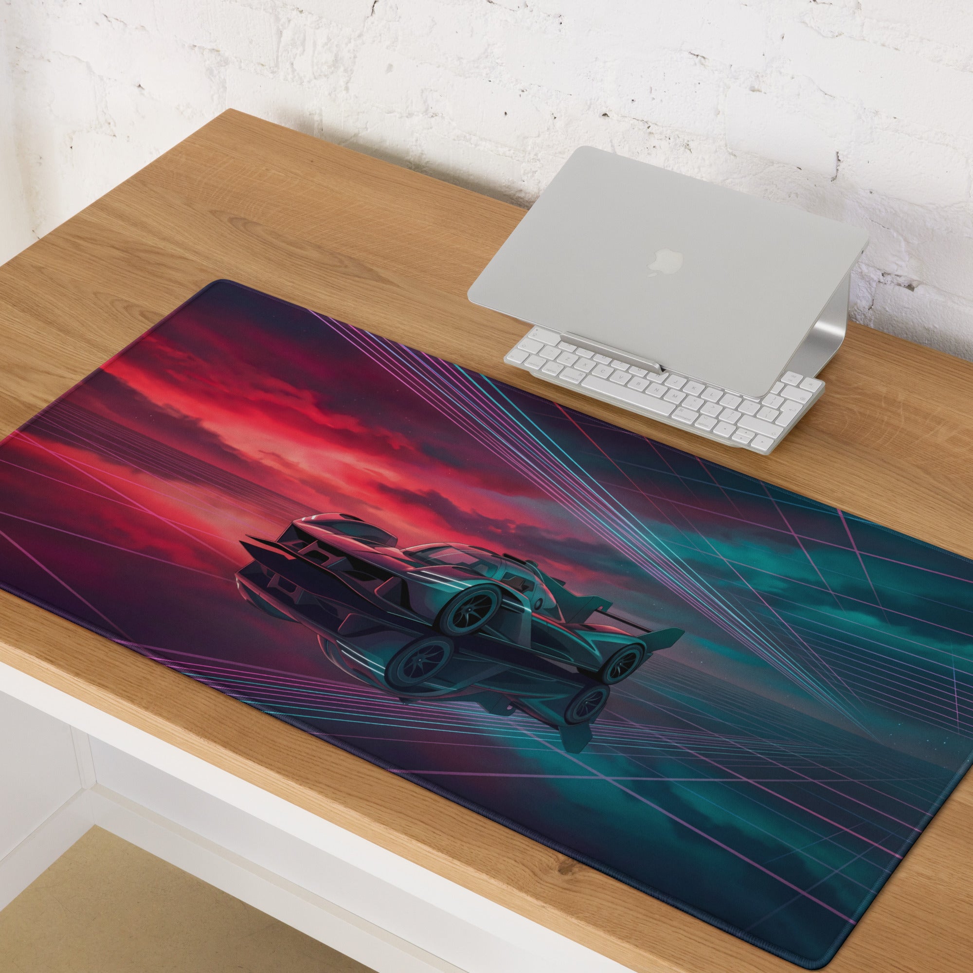 Genesis GMR-001 Inspired Teal Red Vaporwave Gaming Mouse Pad – Neon Grid Raceway Desk Mat, Futuristic Hypercar Digital Artwork