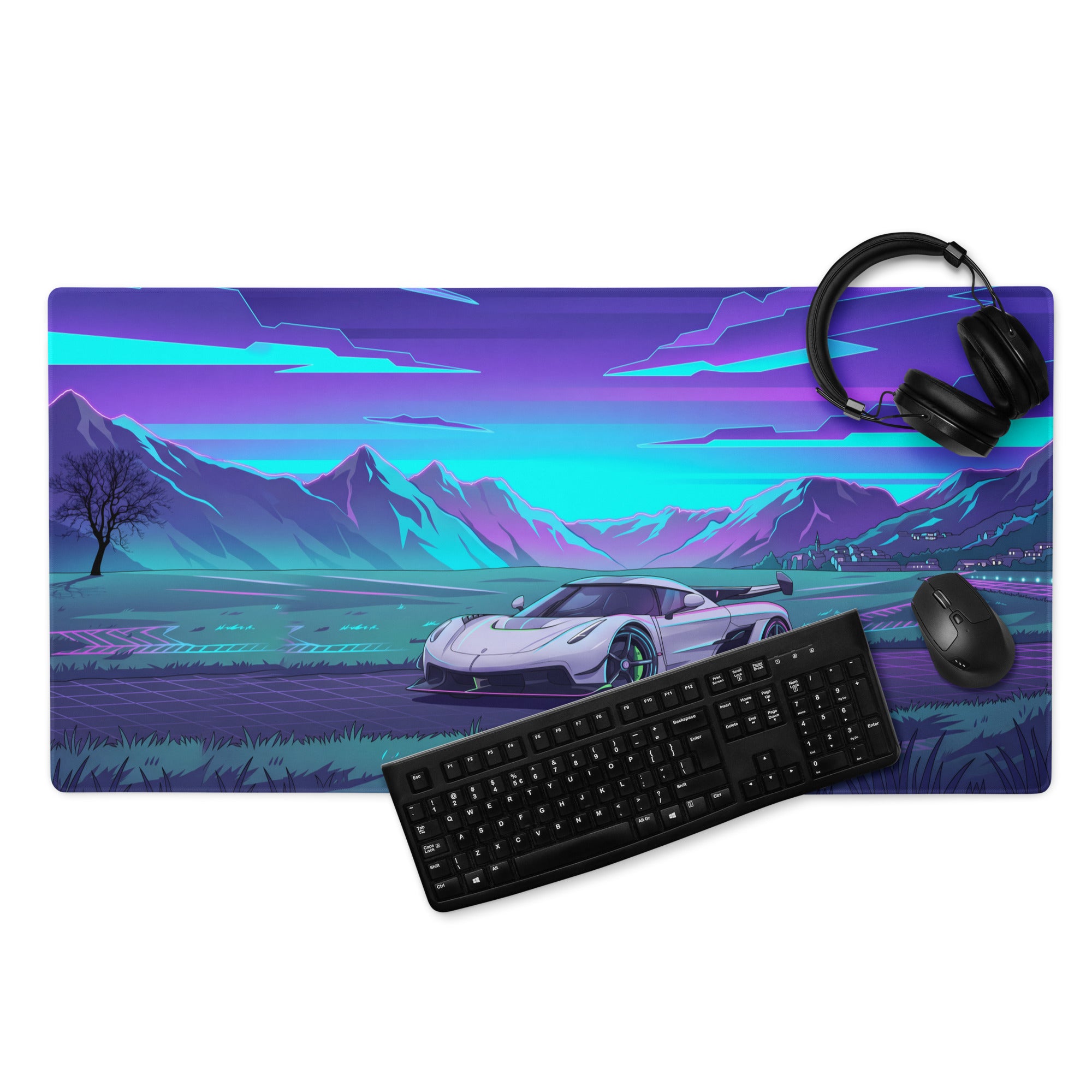 Koenigsegg Jesko Attack Inspired White Cyan Vaporwave Gaming Mouse Pad – Neon Mountain Road Desk Mat, Retro Futuristic Hypercar Digital Artwork