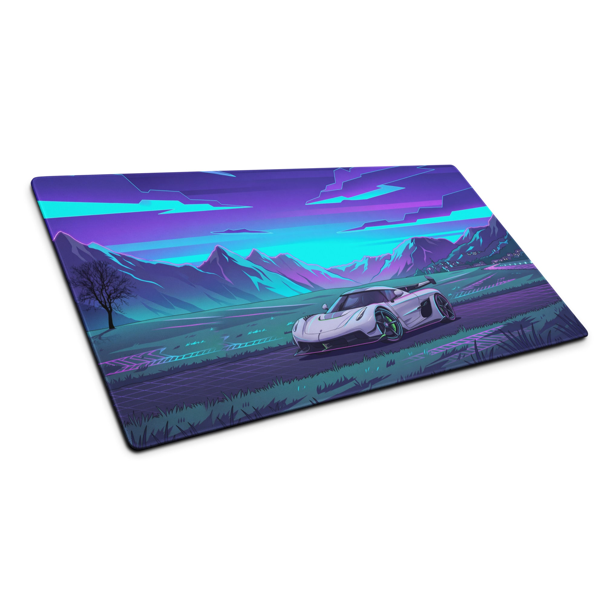 Koenigsegg Jesko Attack Inspired White Cyan Vaporwave Gaming Mouse Pad – Neon Mountain Road Desk Mat, Retro Futuristic Hypercar Digital Artwork